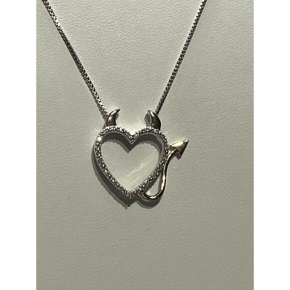 Sterling Silver 1/20 Ct Diamond Heart Devil Horns 14k Rose Gold Pendant Necklace - Picture 4 of 10